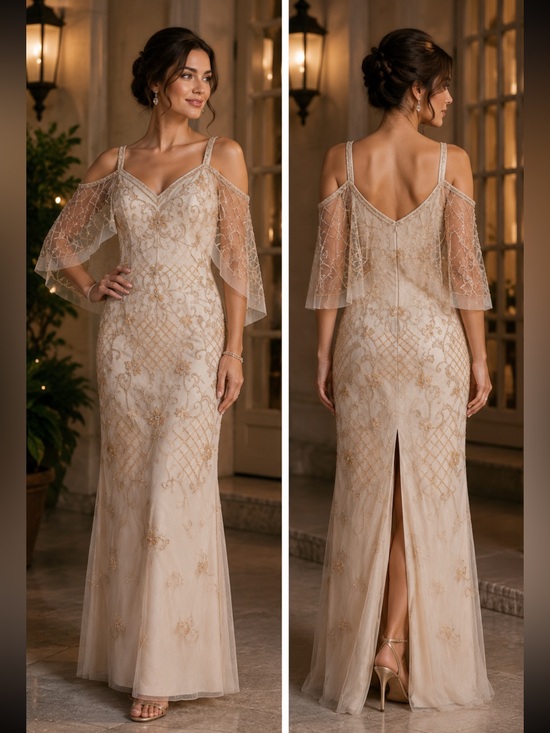 Aidan Mattox Dresses & Skirts - Aidan Mattox beaded cold shoulder evening long Gown